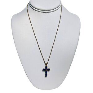 Avon Gold Tone Necklace With Blue & Clear Crystal Cross Pendant Signed NR (5730)